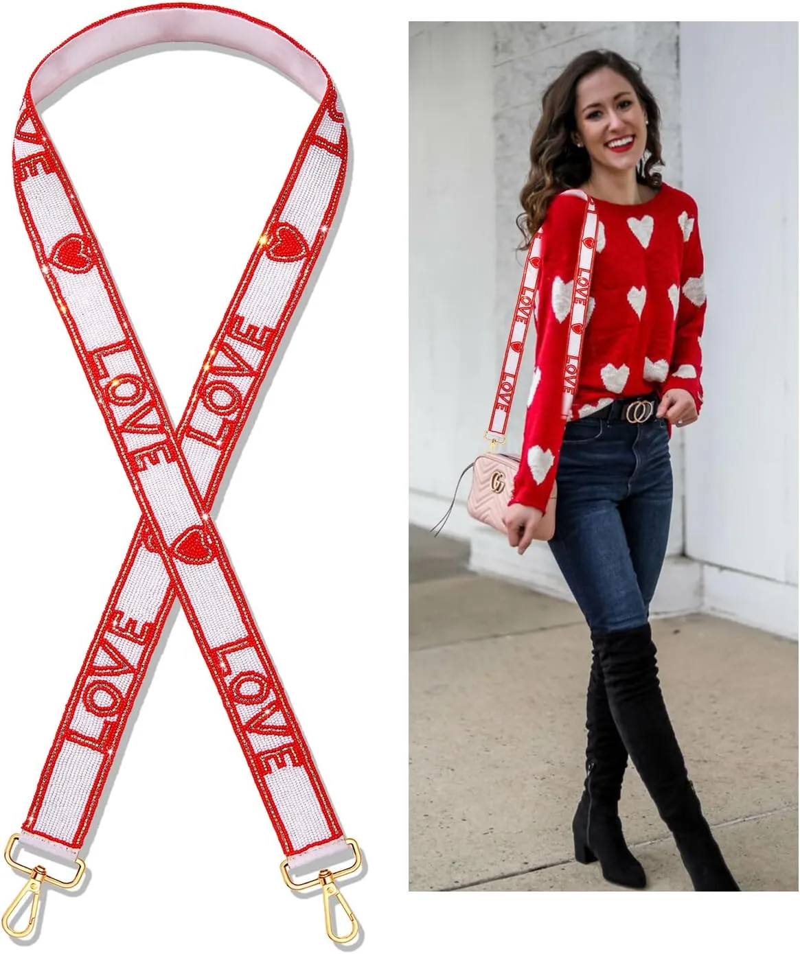 ZOLEAROPY Heart Purse Strap Valentines Day Love Heart Beaded Crossbody Shoulder Bag Strap Valentine Concert Strap Accessory