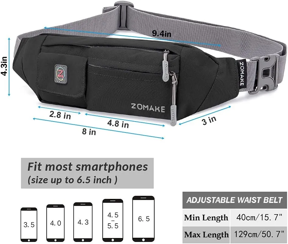 ZOMAKE Small Crossbody Fanny Pack for Women Men, Runner Belt Bag with Adjustable Strap, Water Resistant Waist Bag for Running