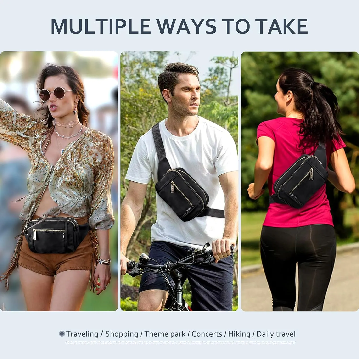 ZORFIN Fanny Packs for Women Men, Belt Bag with 5 Zipper Pockets, Fashion Waist Pack Crossbody Bag with Adjustable Belt for Travel/Shopping/Hiking/Running/Cycling (Blue, Gray Zipper)