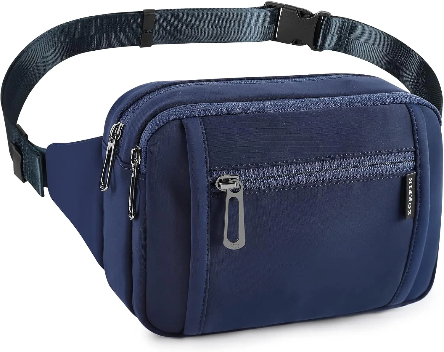 ZORFIN Fanny Packs for Women Men, Belt Bag with 5 Zipper Pockets, Fashion Waist Pack Crossbody Bag with Adjustable Belt for Travel/Shopping/Hiking/Running/Cycling (Blue, Gray Zipper)