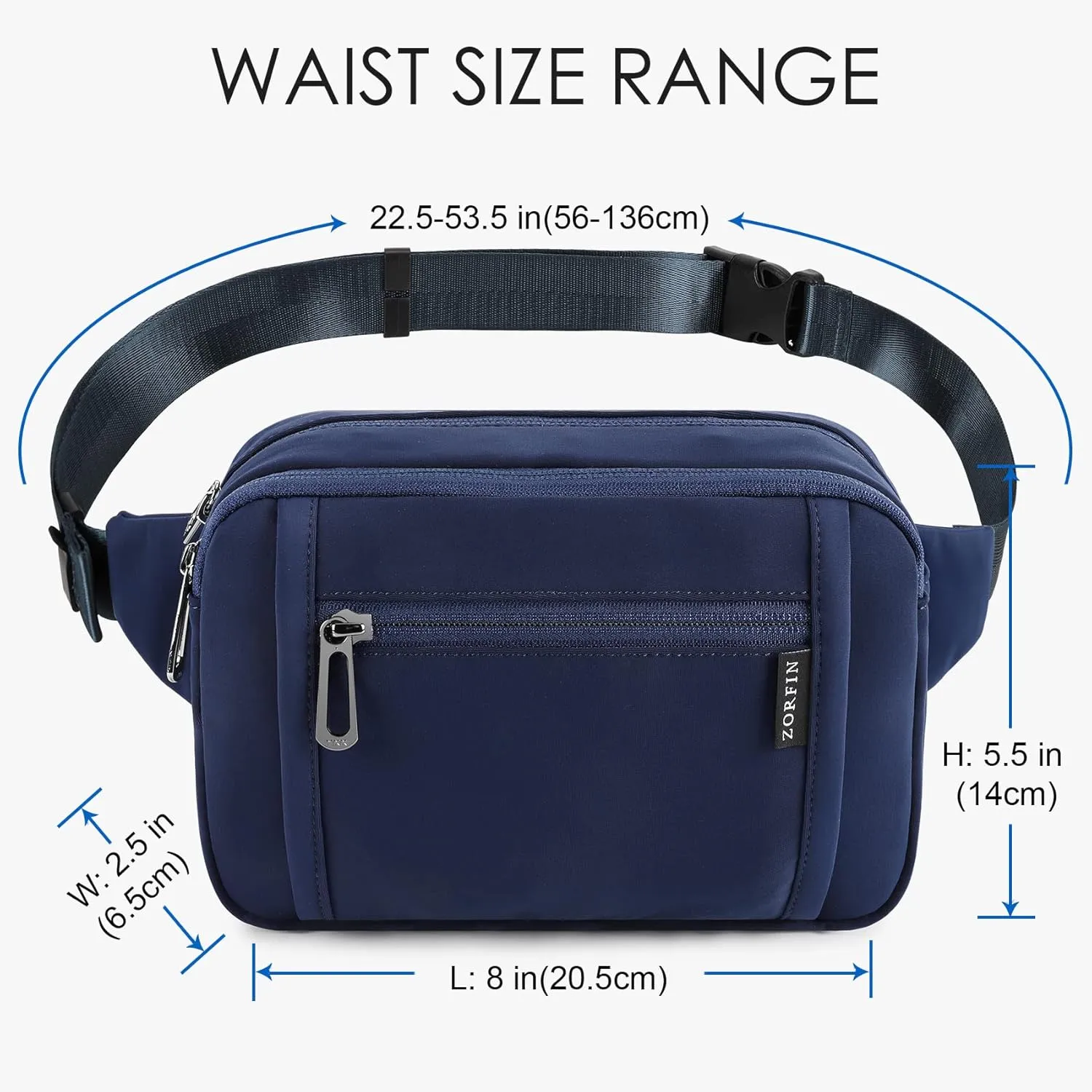 ZORFIN Fanny Packs for Women Men, Belt Bag with 5 Zipper Pockets, Fashion Waist Pack Crossbody Bag with Adjustable Belt for Travel/Shopping/Hiking/Running/Cycling (Blue, Gray Zipper)